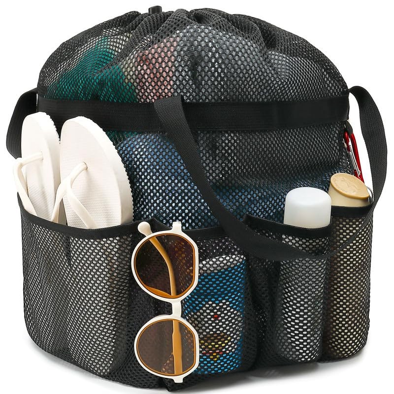 Fammart Mesh Shower Caddy Portable Extra Large, Drawstring Closure - Black