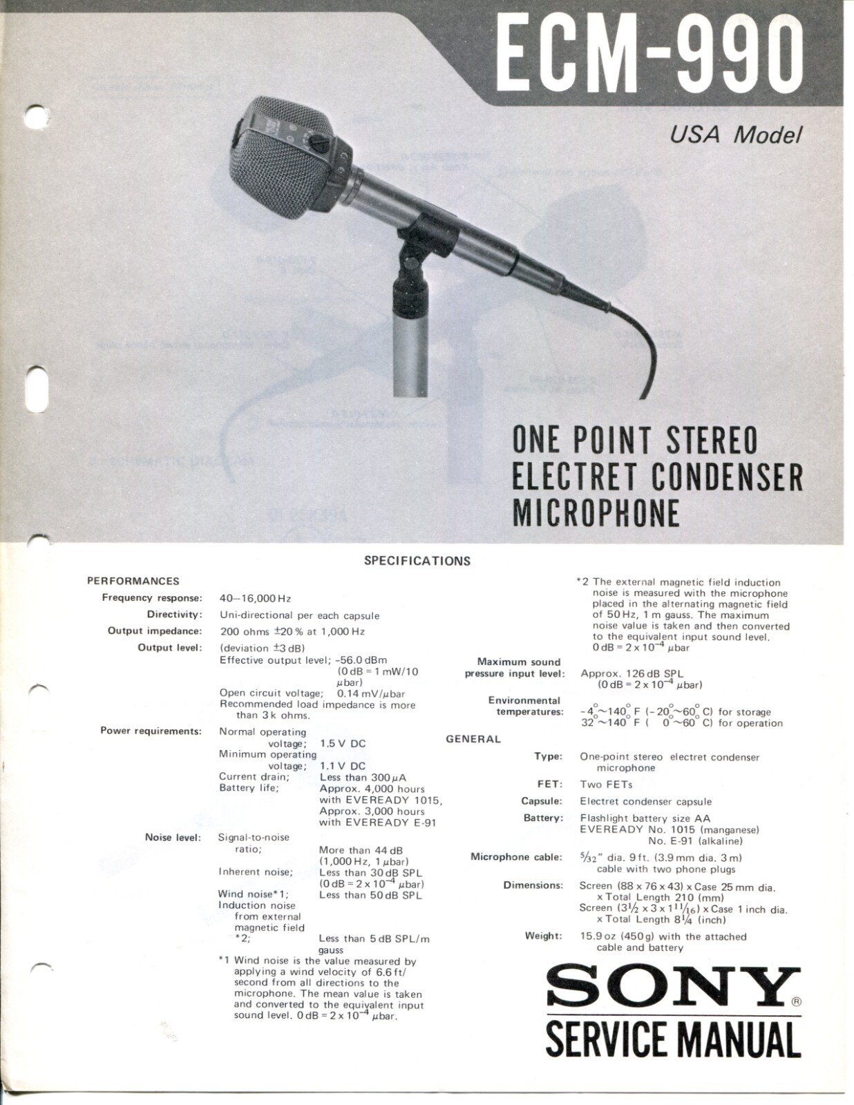 Sony Model ECM-990 Electret Condenser Microphone Service Manual