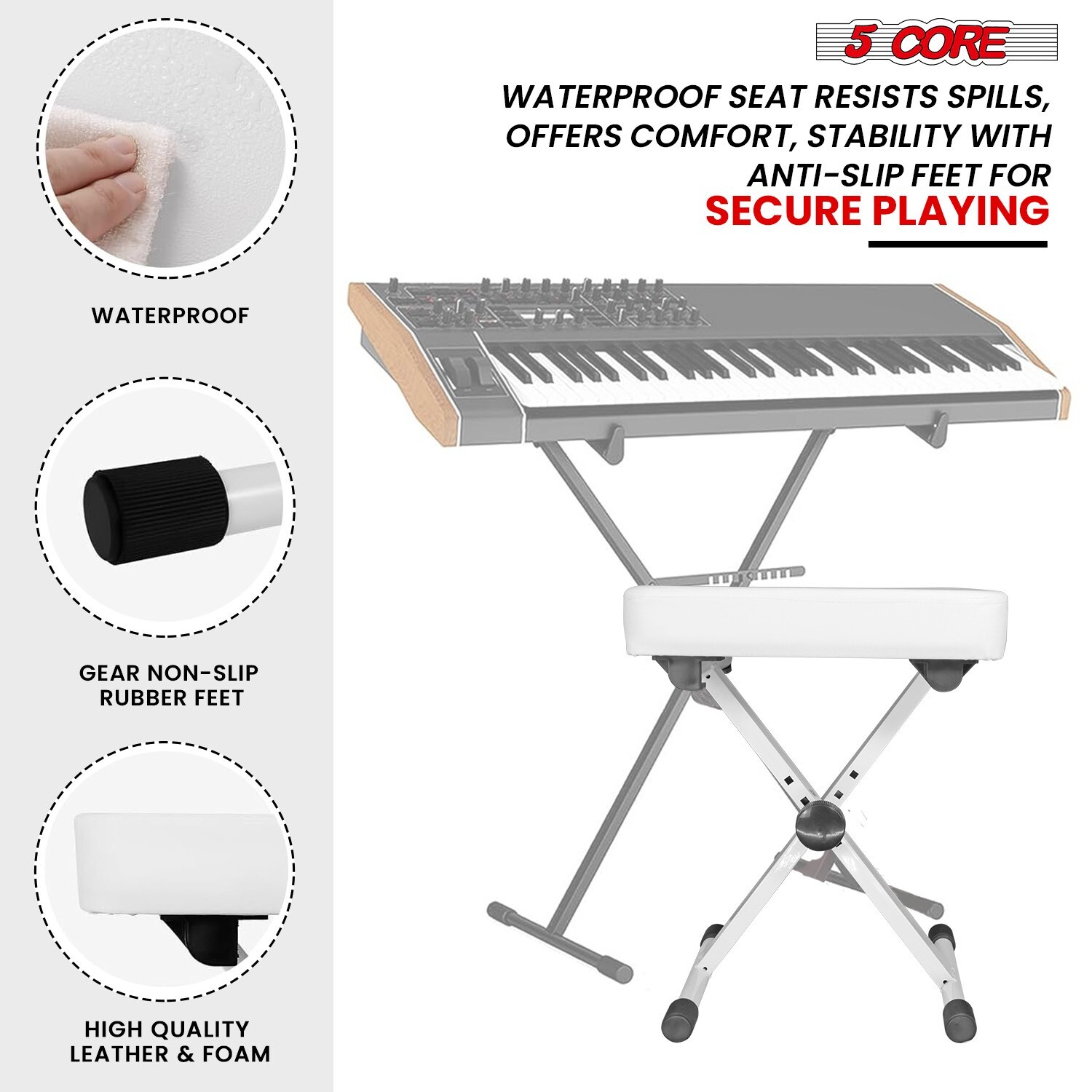 5Core Keyboard Stand Double XStyle Adjustable Piano Riser + Keyboard Piano Bench