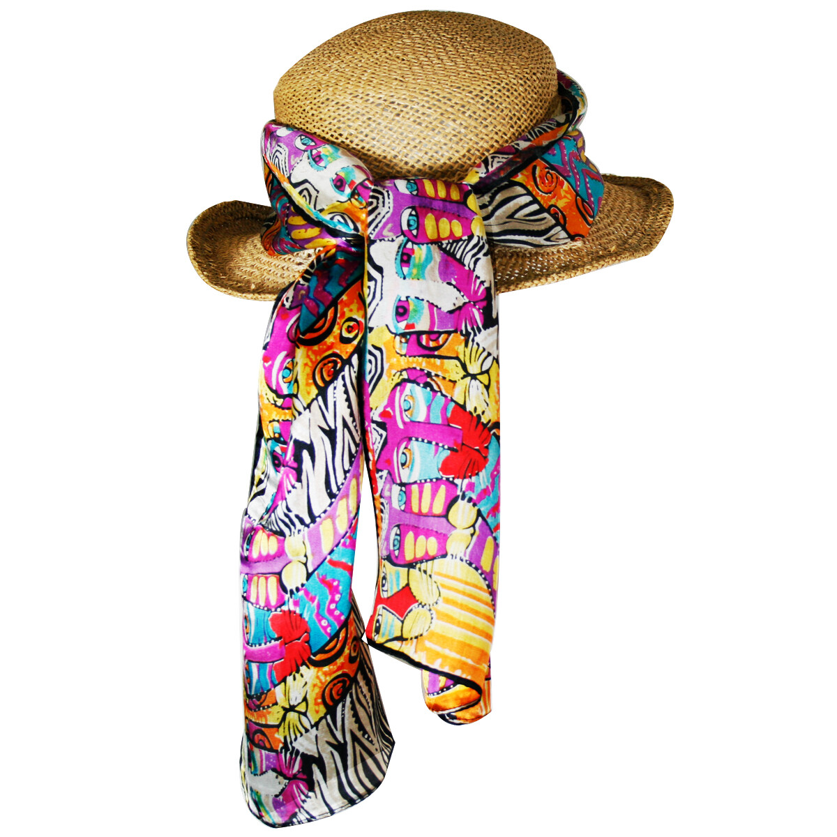 Wrapables Vibrant 100% Silk Long Scarf 51" x 10.5", Rainbow Felines on White