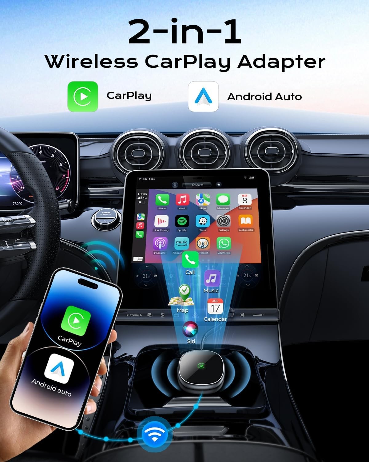Auto Wireless CarPlay Adapter 2-in-1 for iPhone/Android, Wired to Wireless, Grey