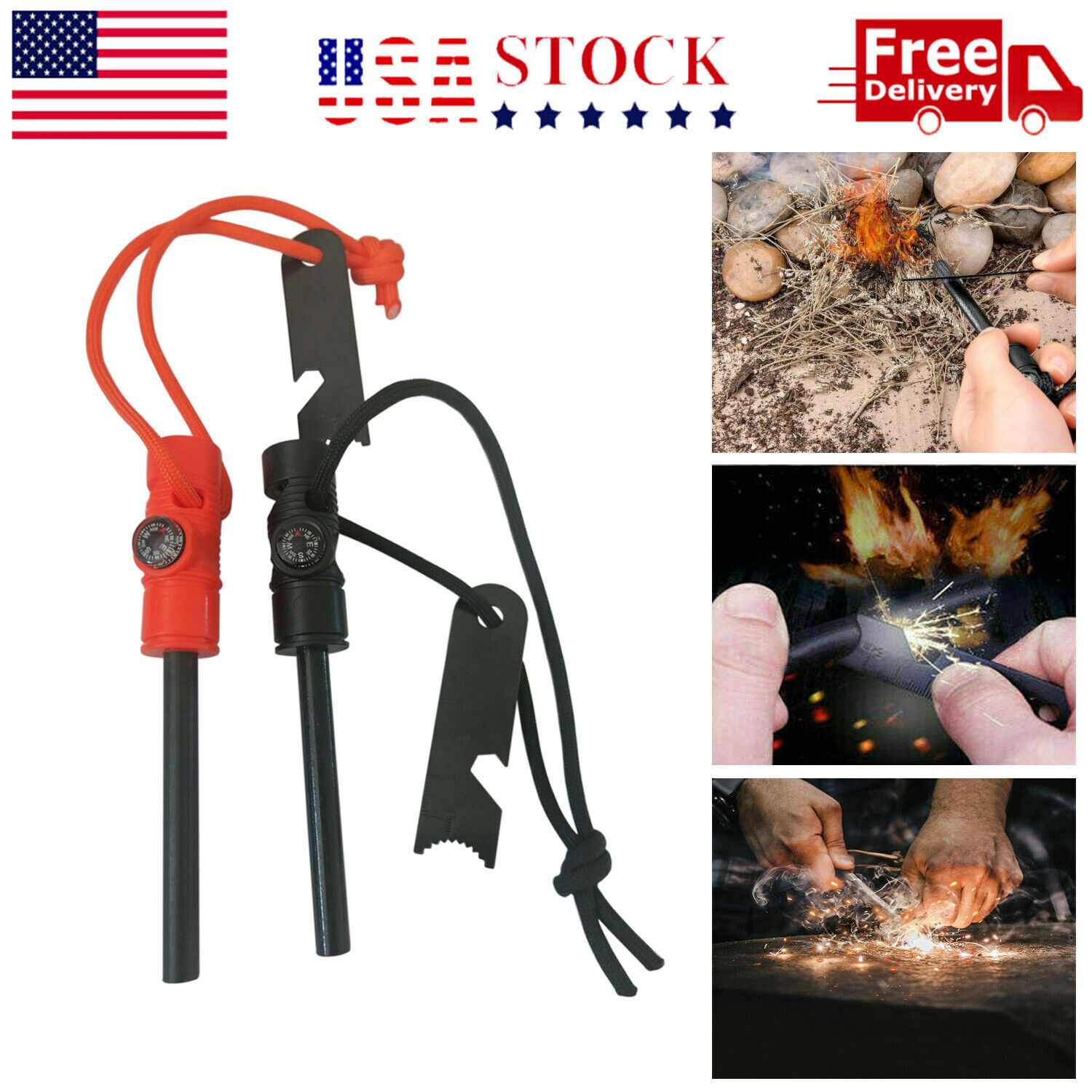 2 PC Fire Starter & Flint Steel Striker Survival Kit Ferro Rod Camping Outdoor