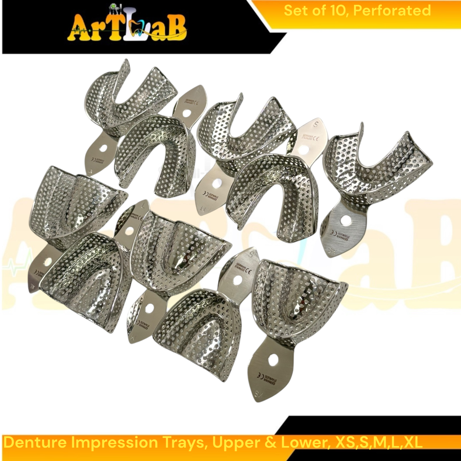 German Stainless Perforated Denture Impression Trays, Upper + Lower (10PK)