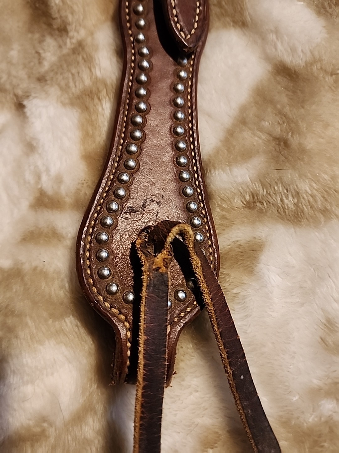 Double Eared Silver Dot Western Bridle Headstall Med Brown Leather EUC