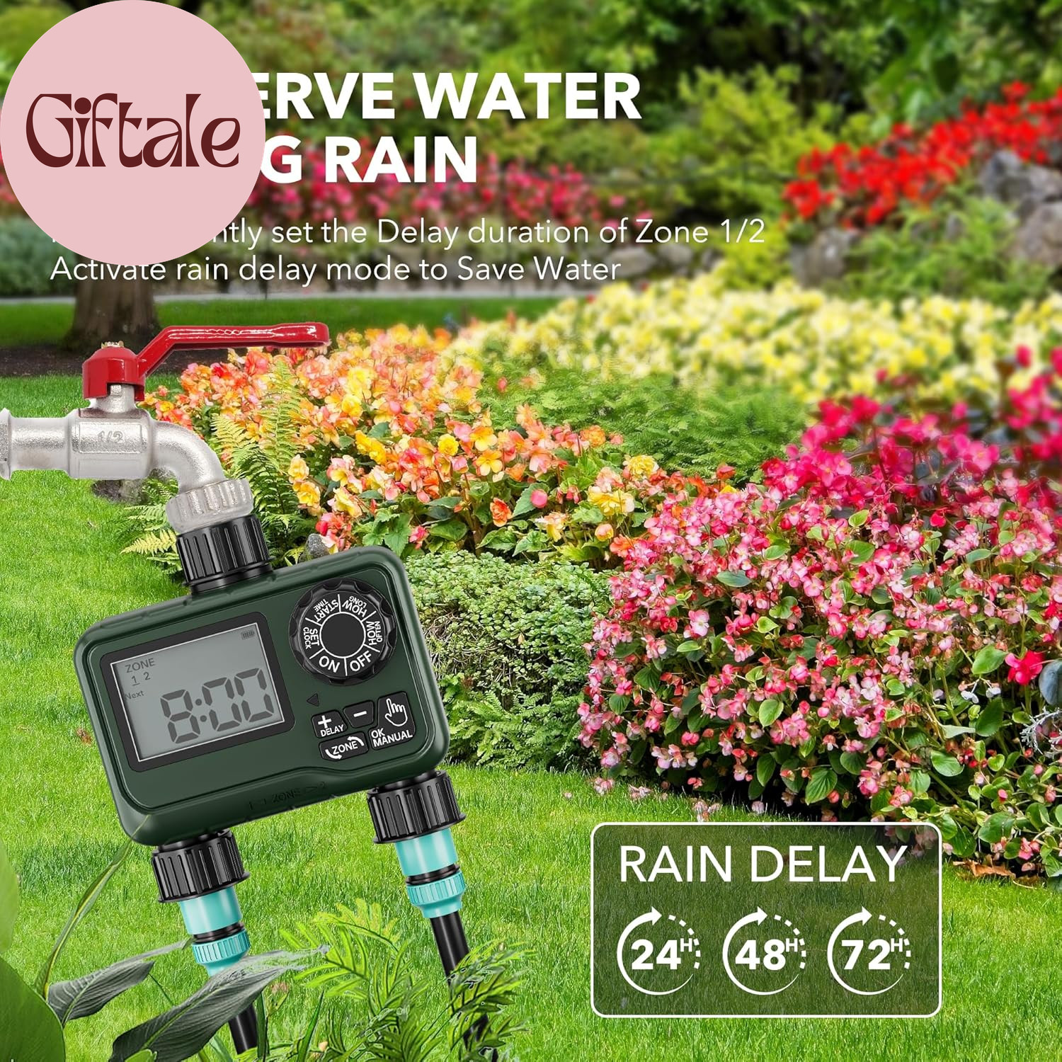 Sprinkler Timer Outdoor - 2 Zone Programmable Water Timer with Rain Delay, Autom