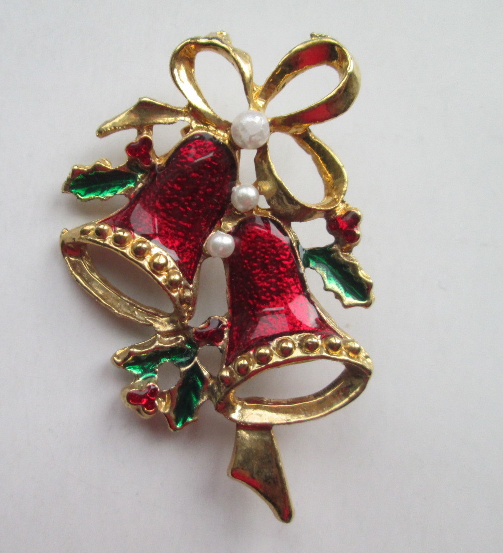 New ~ Gold Tone Enamel Christmas Bell Holly Berry Brooch Pin Holiday