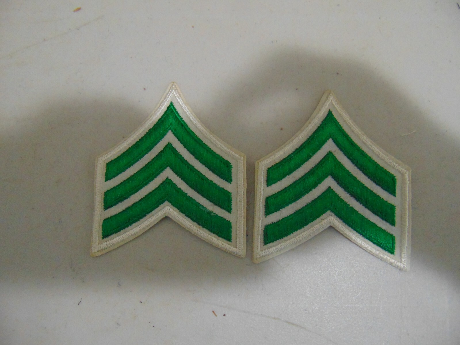 MILITARY POLICE OR FIRE PATCH SET OF 2 SEW ON SERGEANT STRIPES GREEN ON WHITE