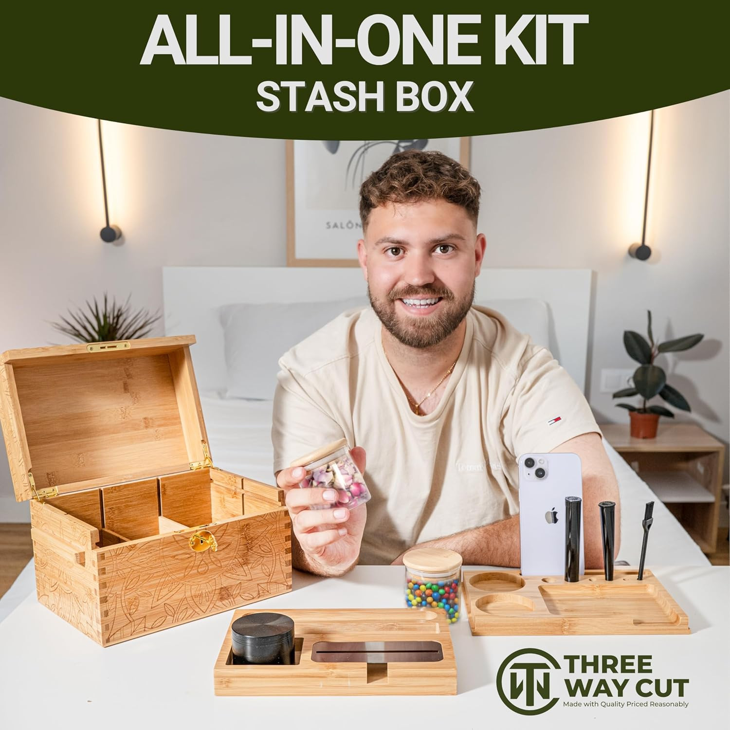 Stash Box with Combo Lock & Accessories Set - Lockable Wooden Stashbox, Storage