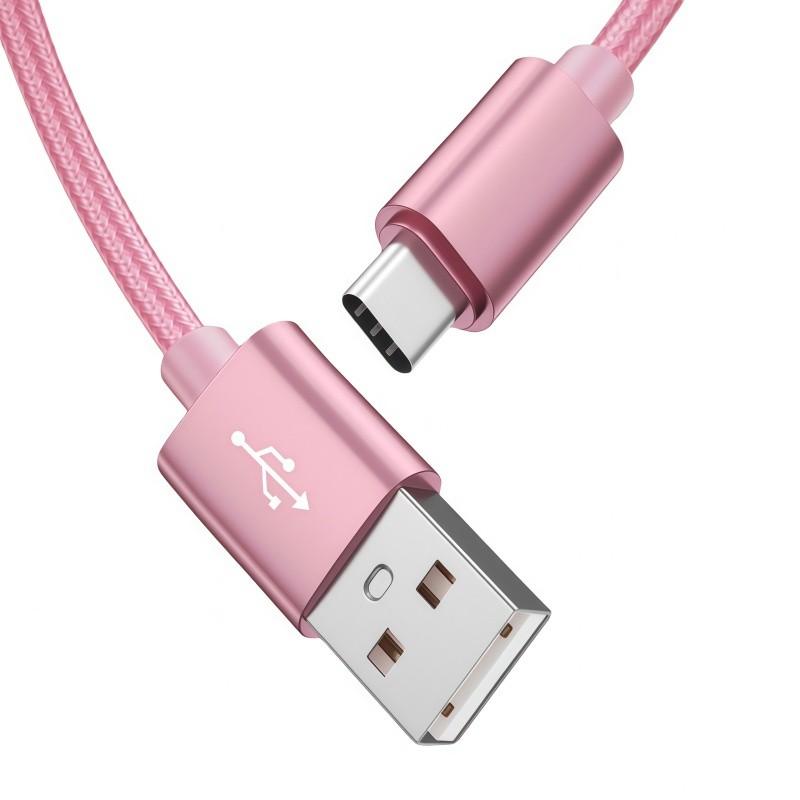 Pink 1m Type-C Cable Fast Charging Nylon Braided Data Sync Cord Tablet