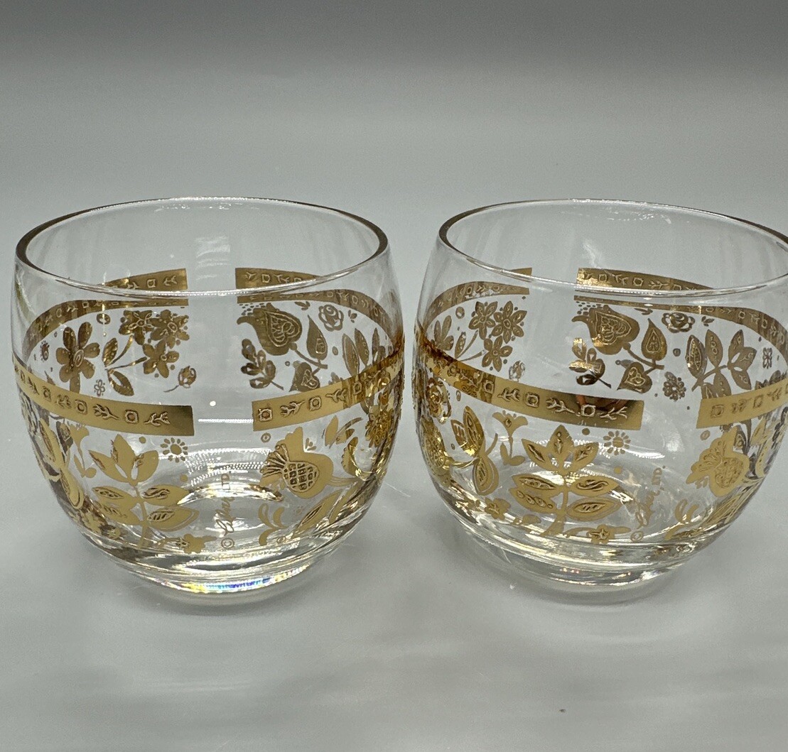 Limited Edition 22k Gold Culver Roly Poly Set of 2 Chantilly Glasses (Floral)
