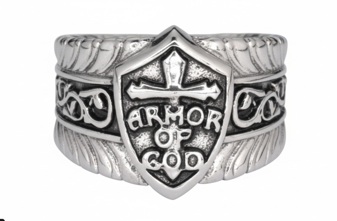 Men’s Armor of God Ring Stainless Steel Christian Cross Shield Biker Ring 154
