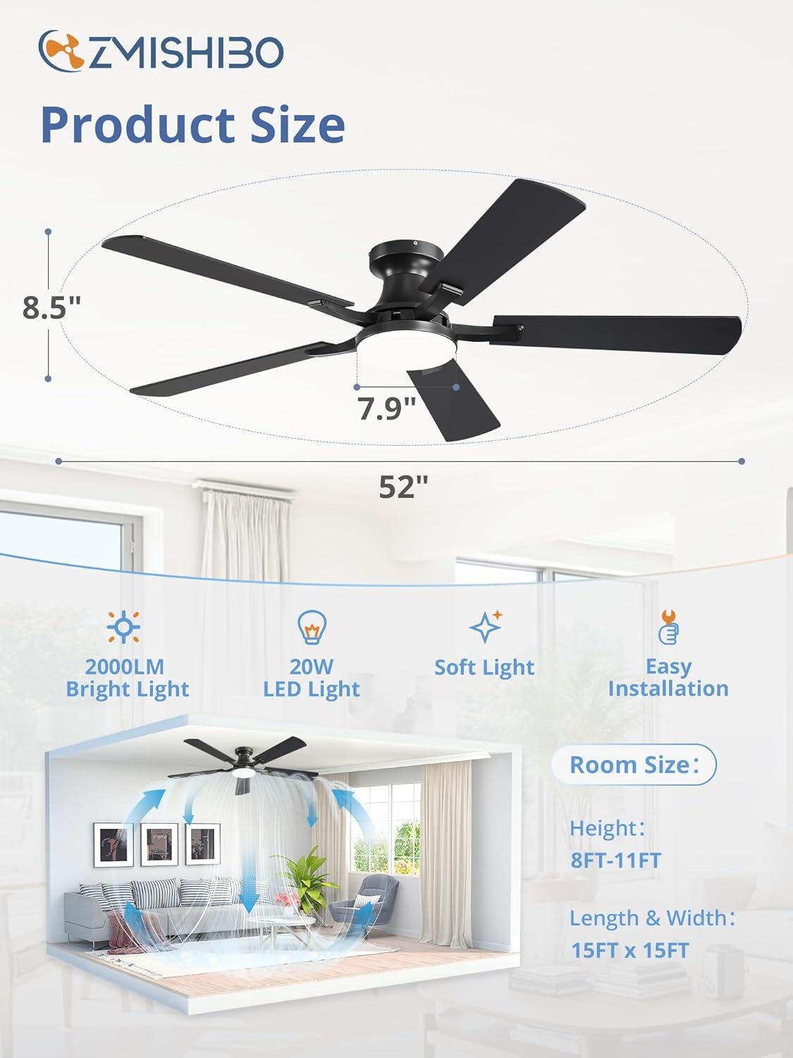 52 Inch Ceiling Fan with Light, App & Remote Control, Flush Mount Low Profile