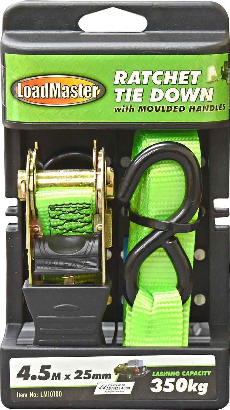 Loadmaster LM10100 Ratchet Tie Downs with Moulder Handle 350kg L 4.5m x W 25mm
