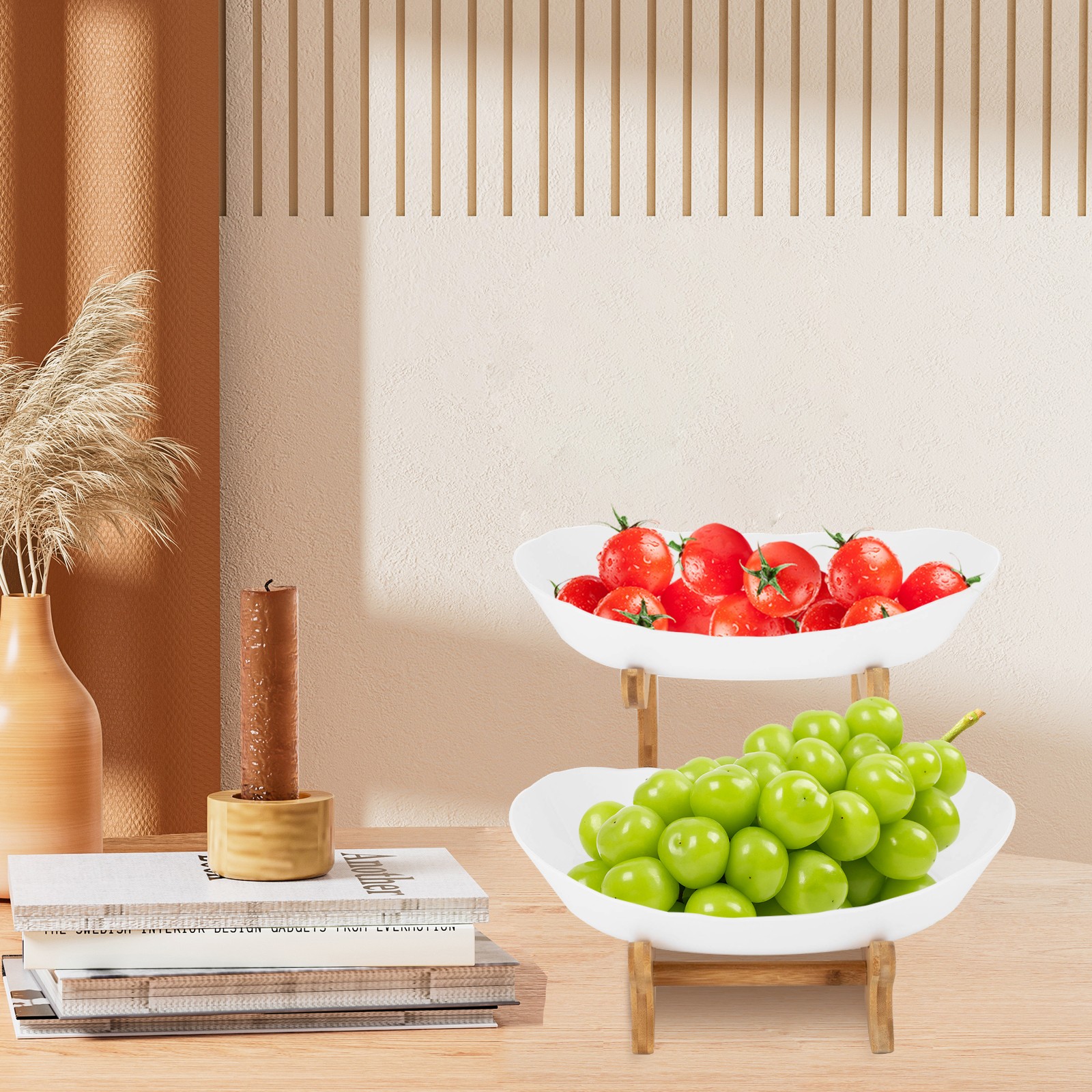 2 Tier Fruit Bowl Fruit Basket Stand Fruit Serving Tray White Tabletop Modern