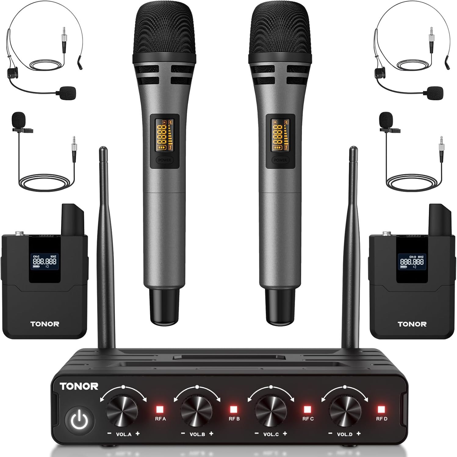 Wireless Microphone System, 4 * 10-Channel UHF Cordless Handheld Mic Set with He