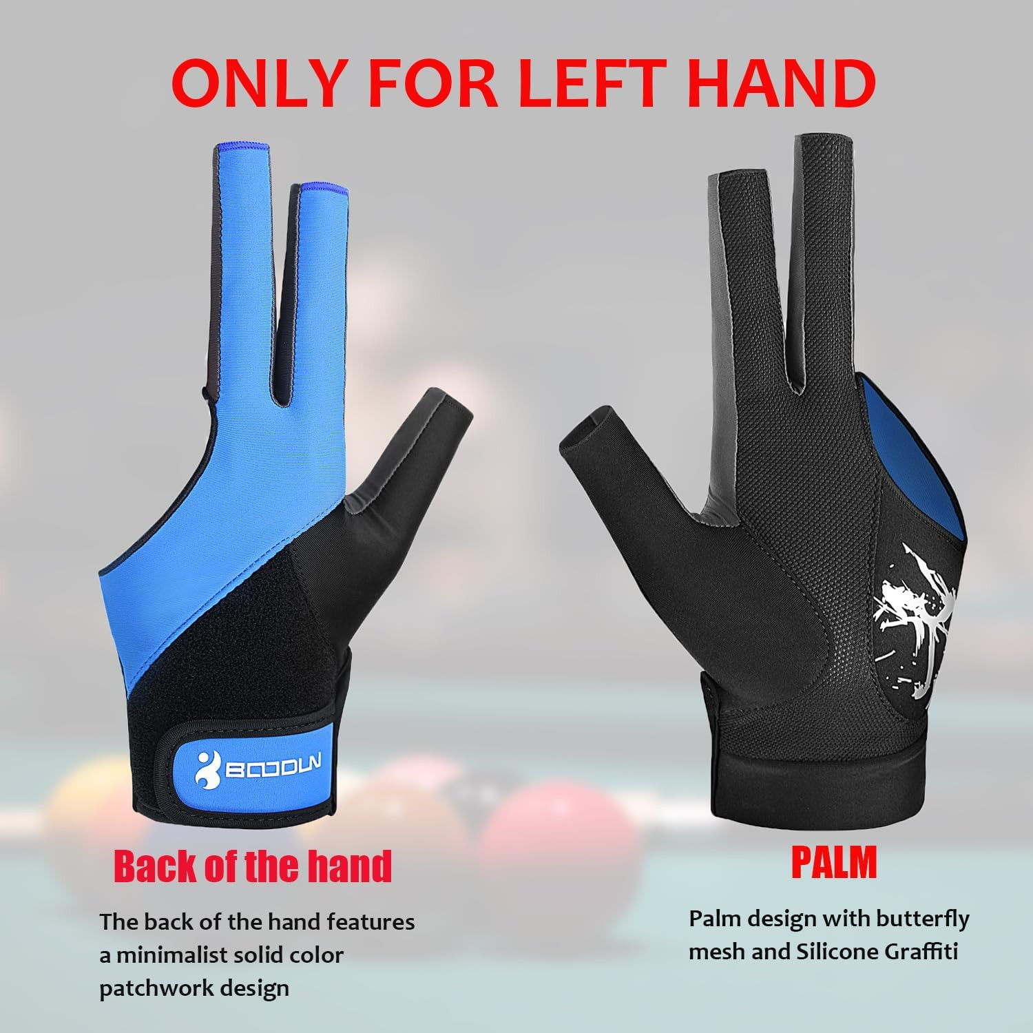 Billiard Pool Gloves for Left Hand 3 Finger, Splicing Process, Snooker Cue