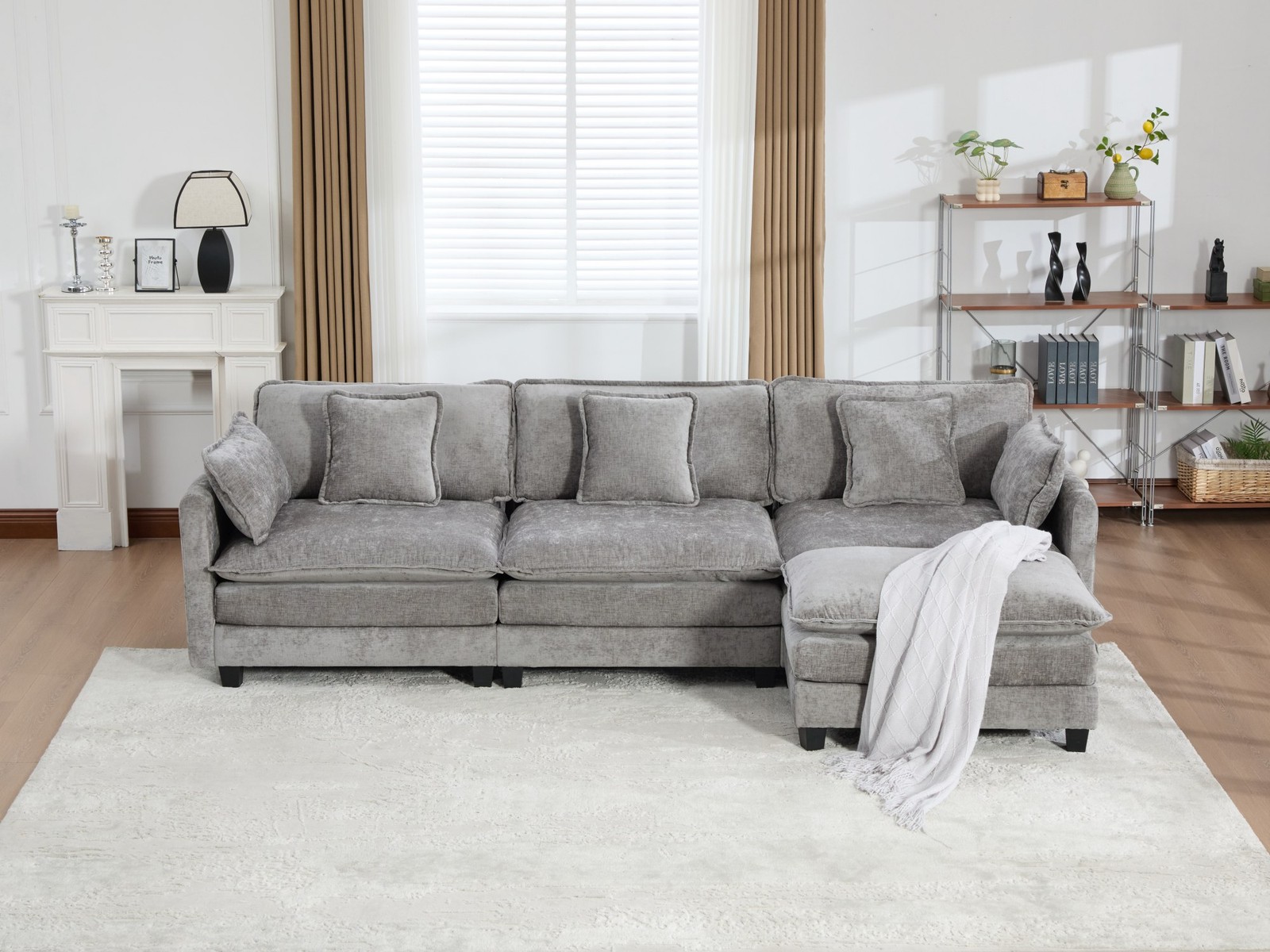 3-Seat Sectional Sofa Cloud Couch, Gray Chenille Fabric Medium-Soft