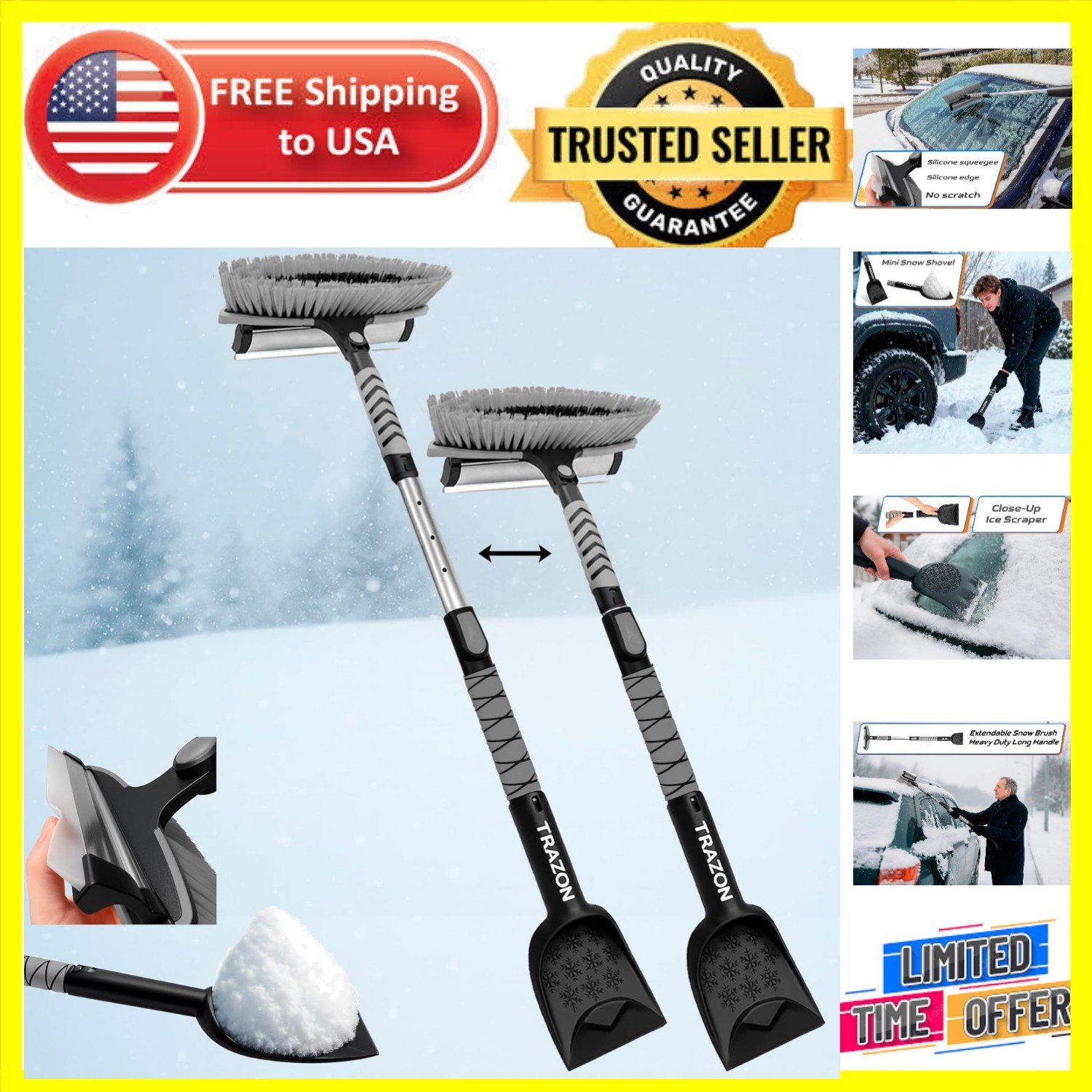 Compact Snow Brush & Ice Scraper - 42.4 Inch Extendable Handle for Cars & SUVs