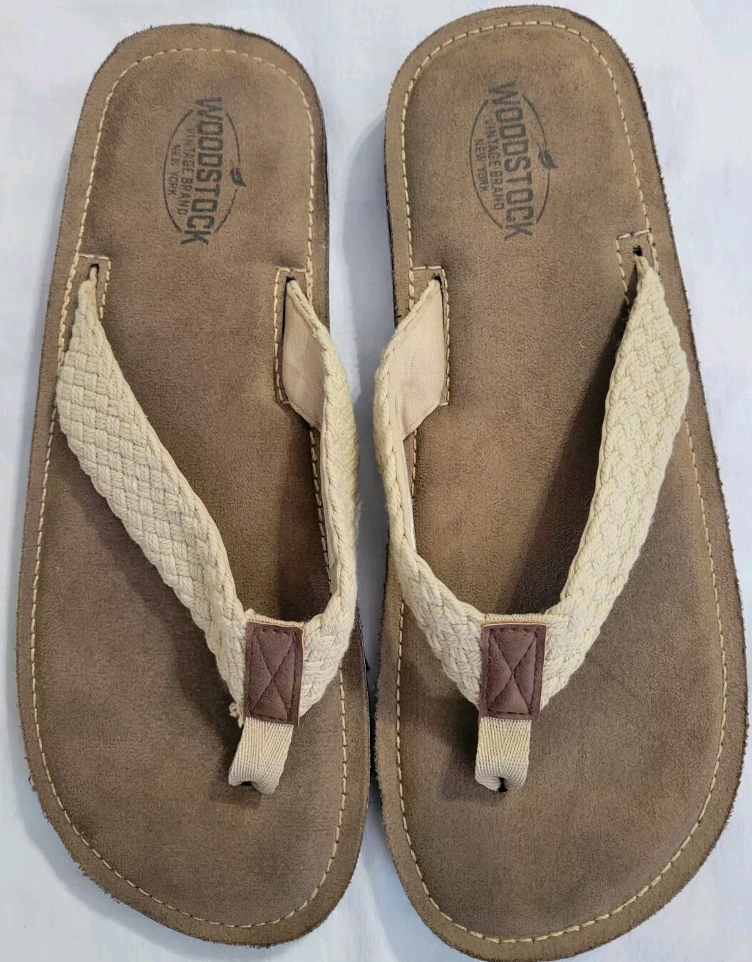 Woodstock Flip Flops Kyle Sz 13 Braided Band Beige Brown Footbed Sandals