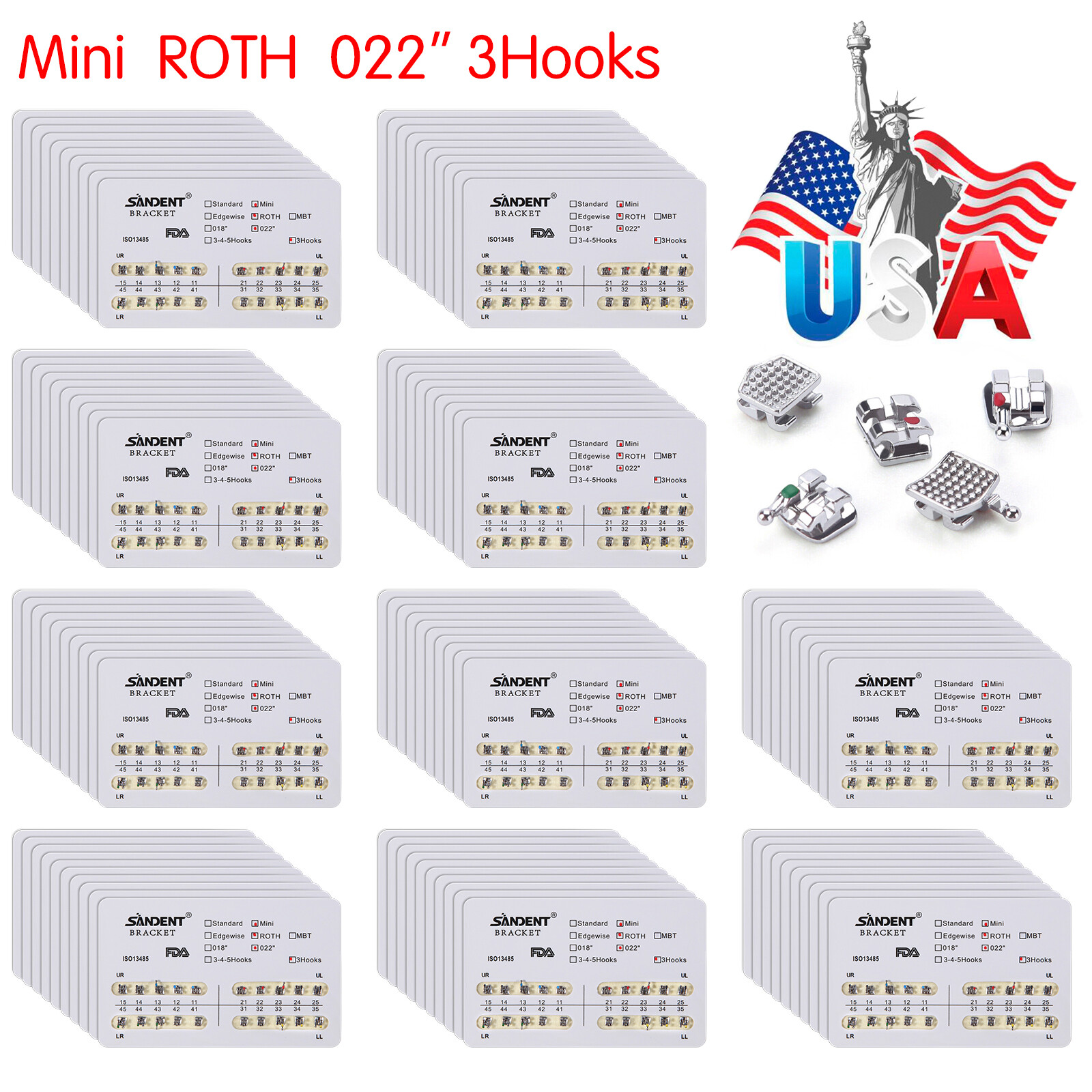 10-100 Packs Dental Brackets Brace Mini Roth.022 3 Hooks Orthodontic SANDENT ns