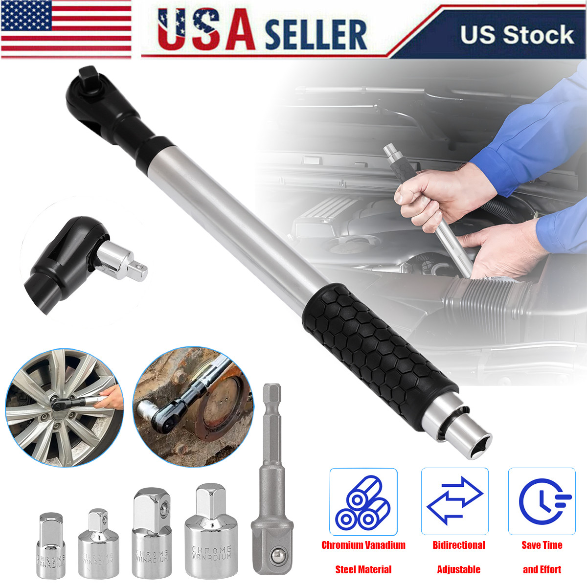 1/2" Offset Extension Ratchet Wrench CR-V Steel 5 Adapter Set for Auto Repair