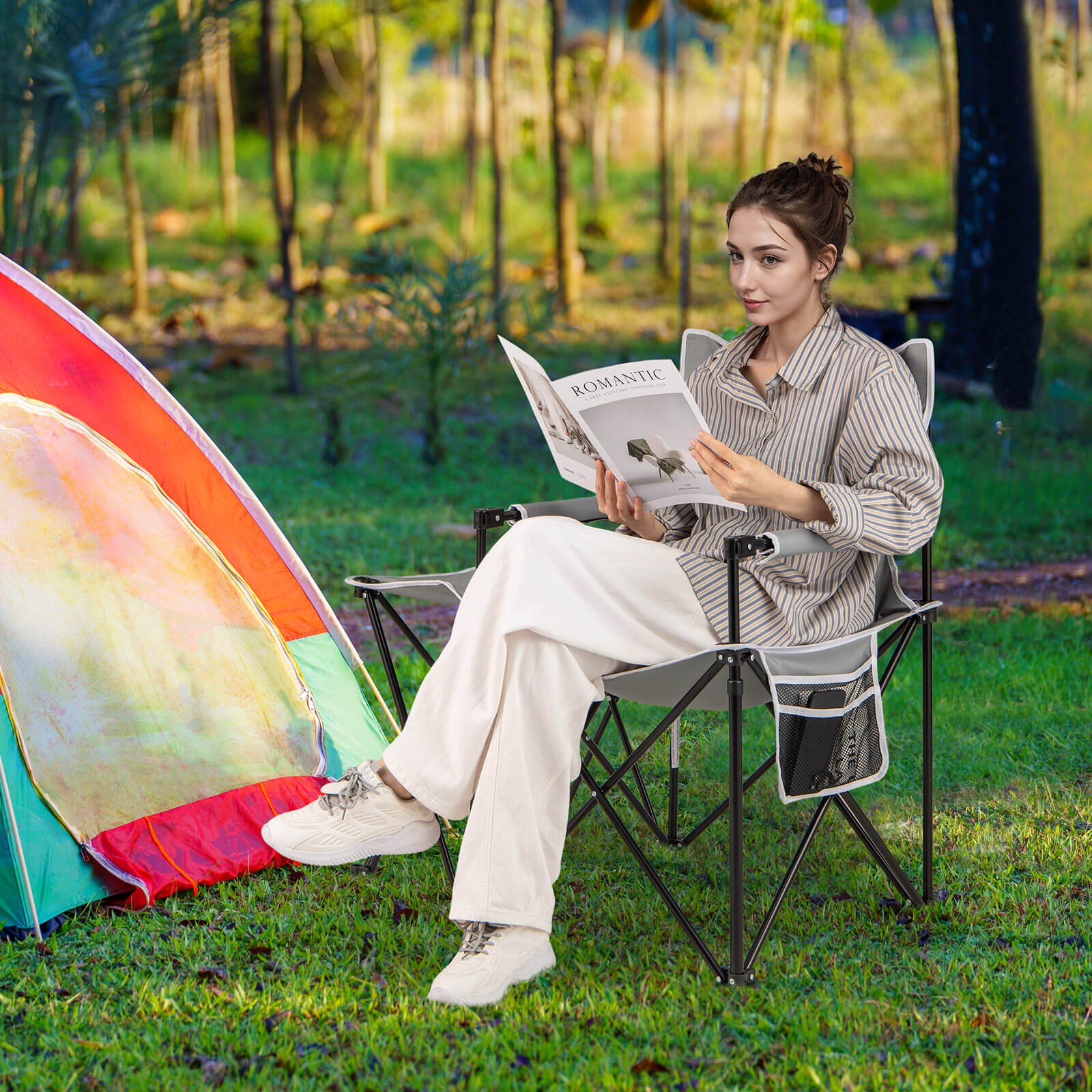 2PCS Oversized Camping Chair w/Side Table 2 Storage Pockets Cup Holder for Trip