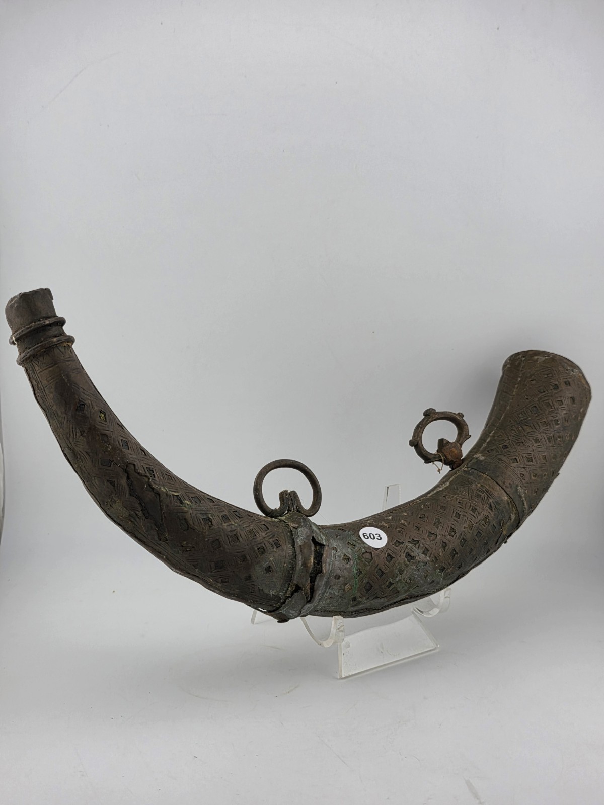 Rare Antique Ornate 19thC Brass Steel Islamic Black Powder Horn Shot Flask C1850