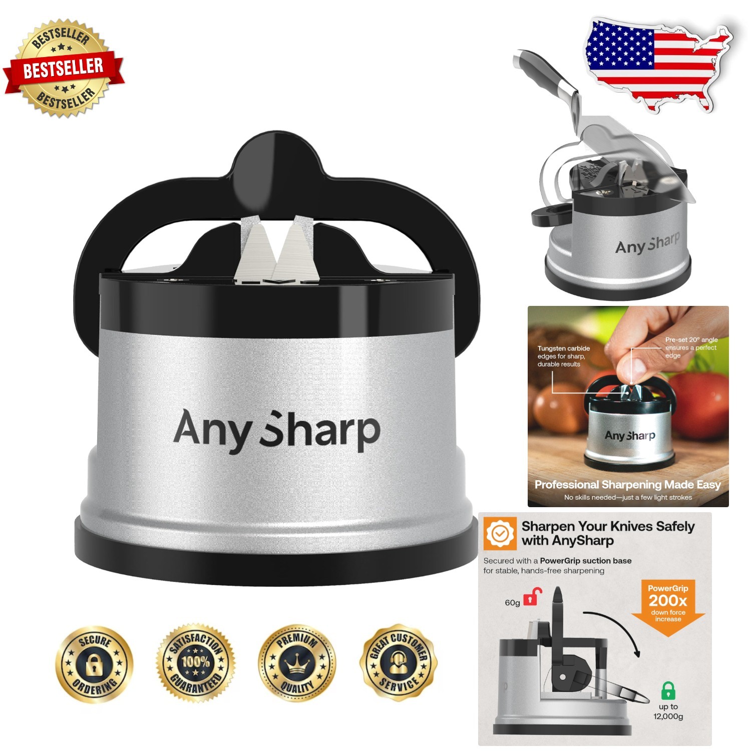 GLOBAL Easy Knife Sharpener - Hands-Free, PowerGrip Suction, Razor-Sharp Results