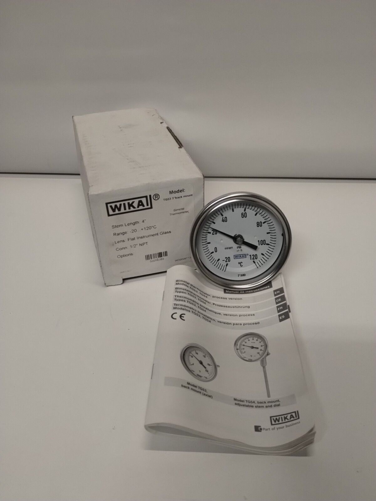 WIKA TG53 Thermometer -20 to 120C, 4" Stem, 3" Face Back Mnt, 1/2" NPT, 56056389