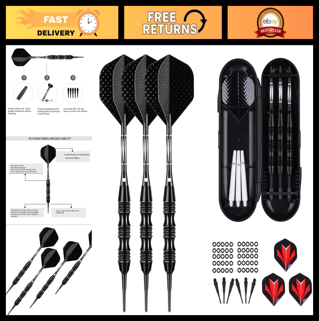 Professional Soft Tip Darts Set - 20g, 30 Plastic Tips, 50 O-Rings, Aluminum Sha