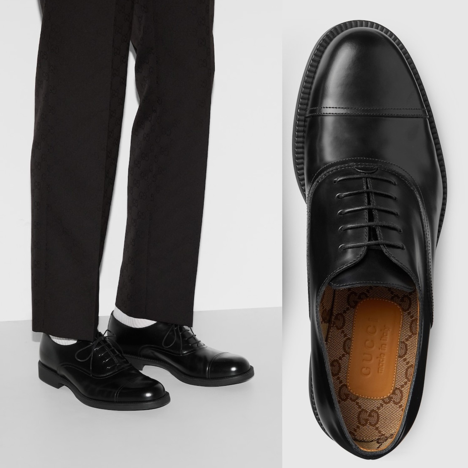 GUCCI SHOES MENS BLACK LEATHER TEMPE CAP OXFORD GG LOGO LINING $1,100 8 US 8.5