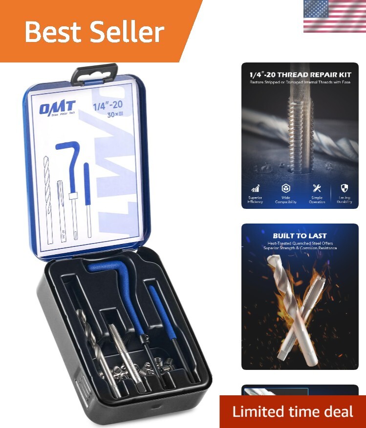 Complete 1/4"-20 Helicoil Thread Repair Kit - 30 Inserts, HSS Drill Bit Included