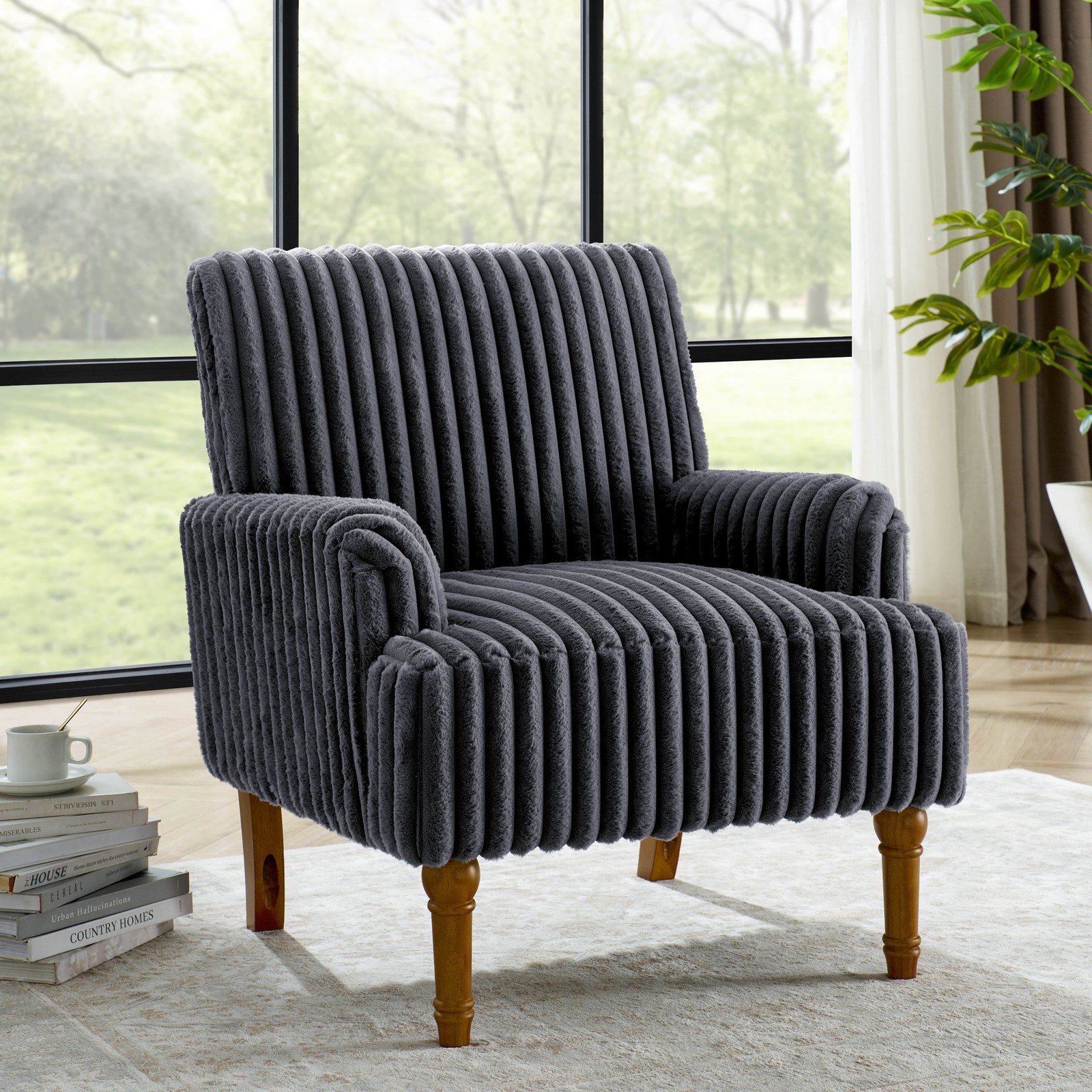 Dark Gray Wide Wale Corduroy Accent Chair Solid Wood Legs Living Room