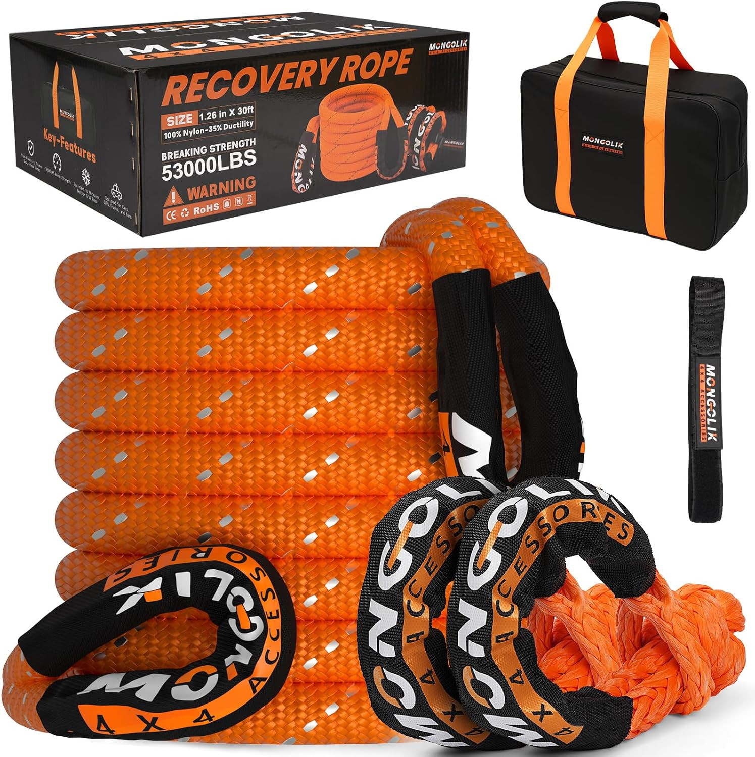 1.26In X 30Ft Kinetic Recovery Rope Kit (Reflective), 53000LBS, Heavy Duty Stret