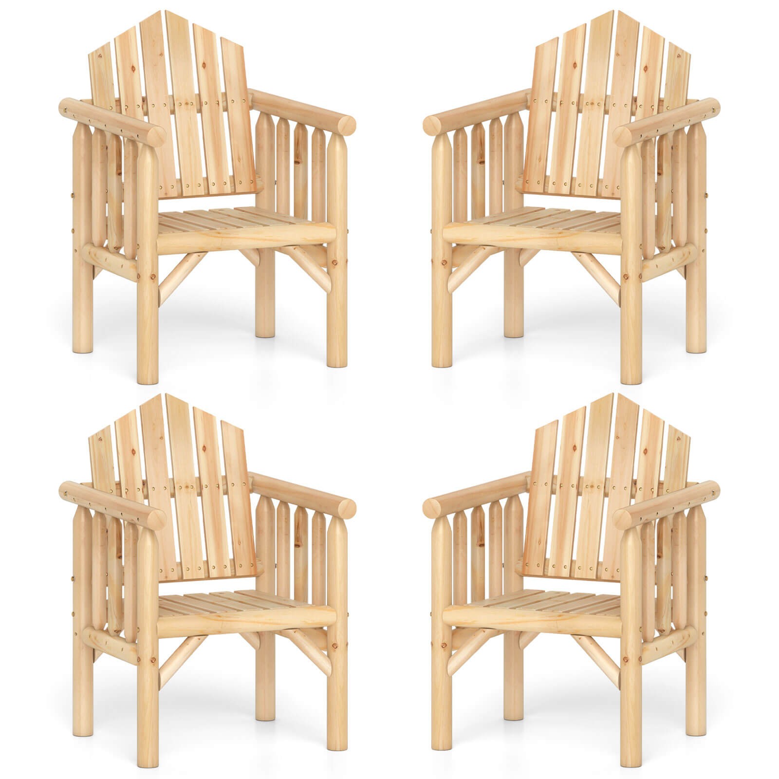 4PCS Outdoor Wood Armchair w/Armrests and Reclined High Backrest for Porch