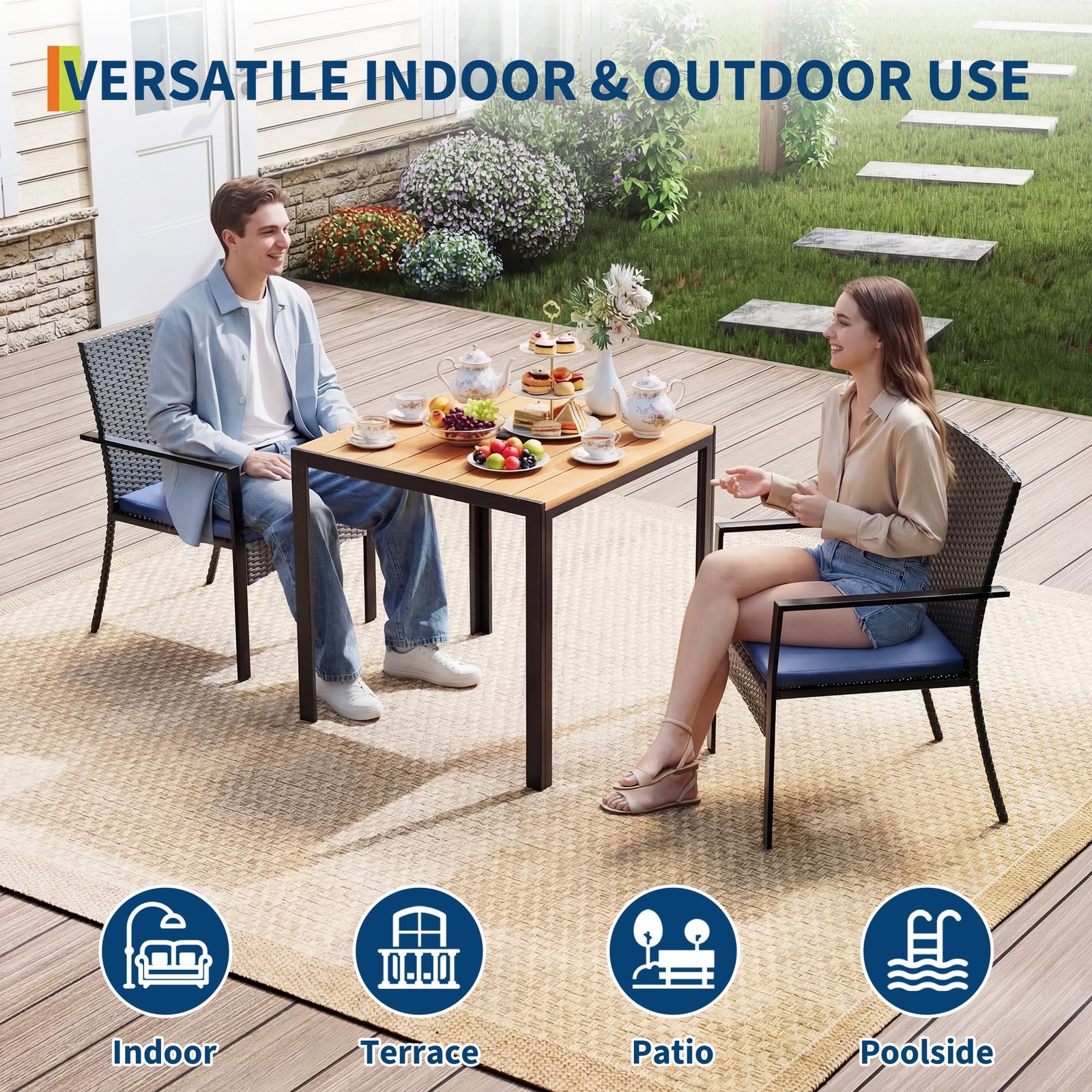 3PC Wicker Patio Dining Set with Table Chairs Umbrella Hole Cushion Black Blue