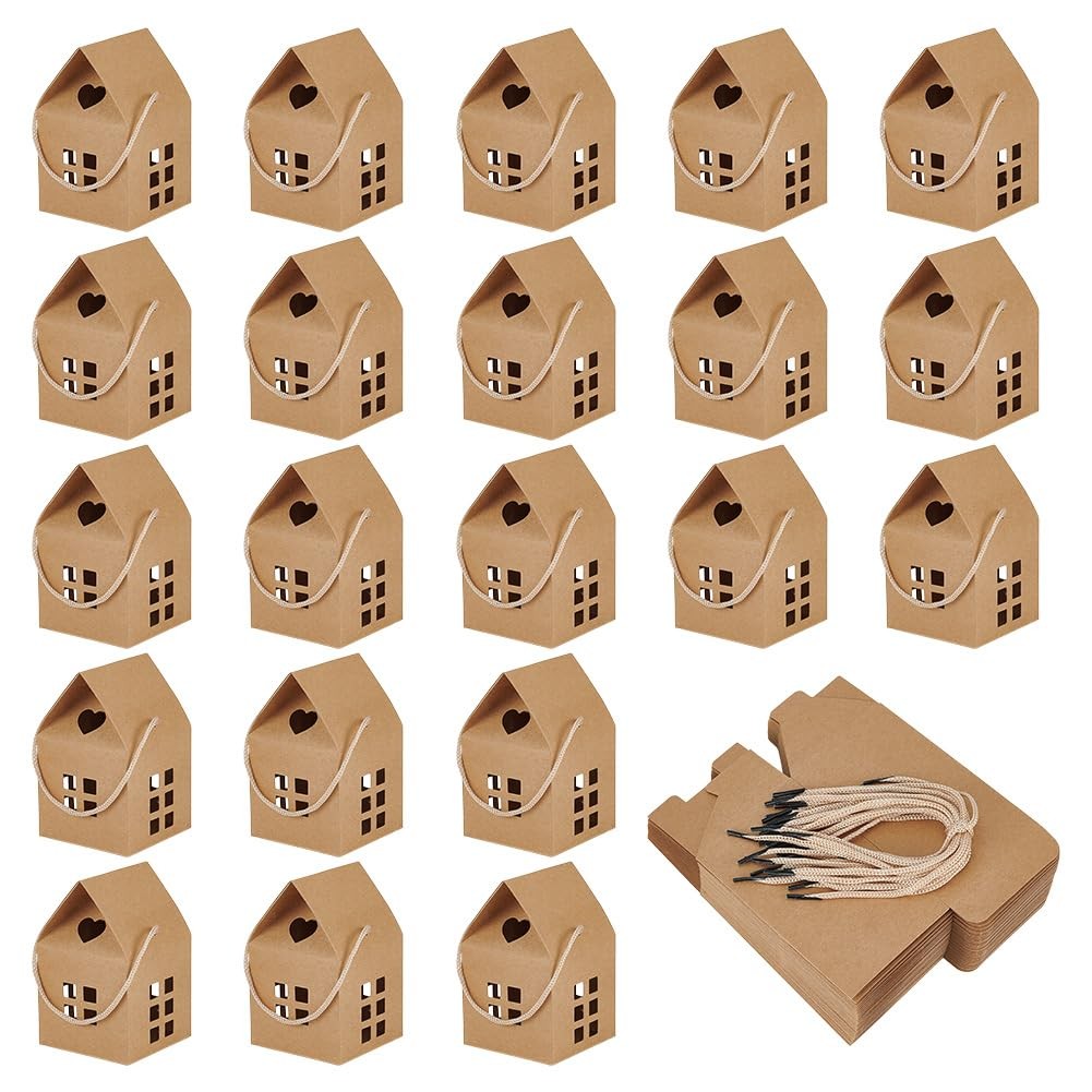 50 Pack House Gift Boxes with Rope Handle, 3x3x5 Inch Brown Paper Folding Gif...