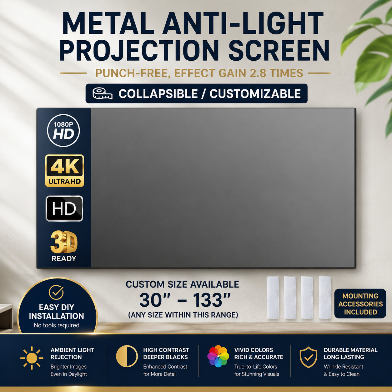 ALR Projector Screen Fabric 4K Anti Light Rejection 30-133 Inch HD 3D Daylight