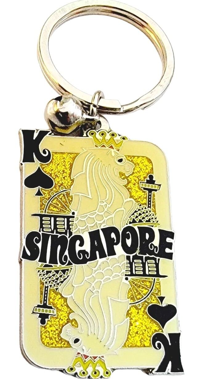 Singapore Keychain Merlion King of Spades Souvenir Goldtone Metal Enamel Keyring