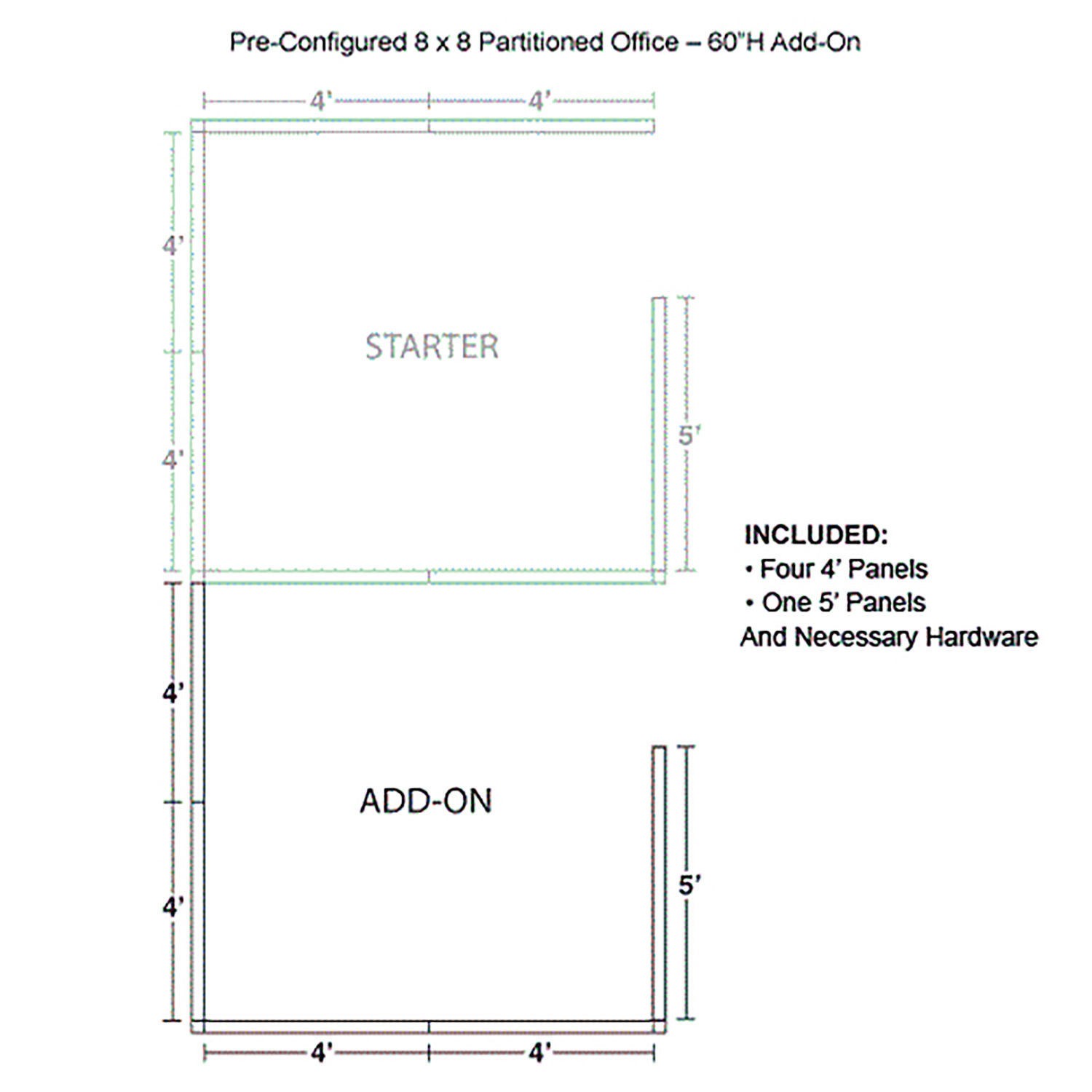 8'W x 8'D x 60"H Pre-Configured Partitioned Office Add-On Blue