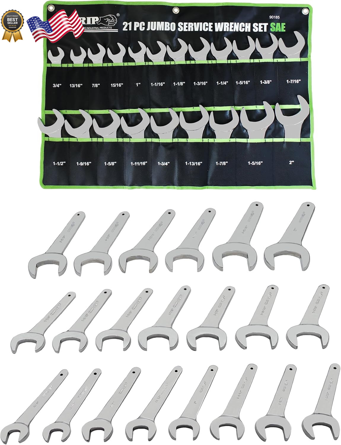 Grip 21 pc Jumbo Service Wrench Set SAE - Sizes from 3/4" up to 2" - Chrome P