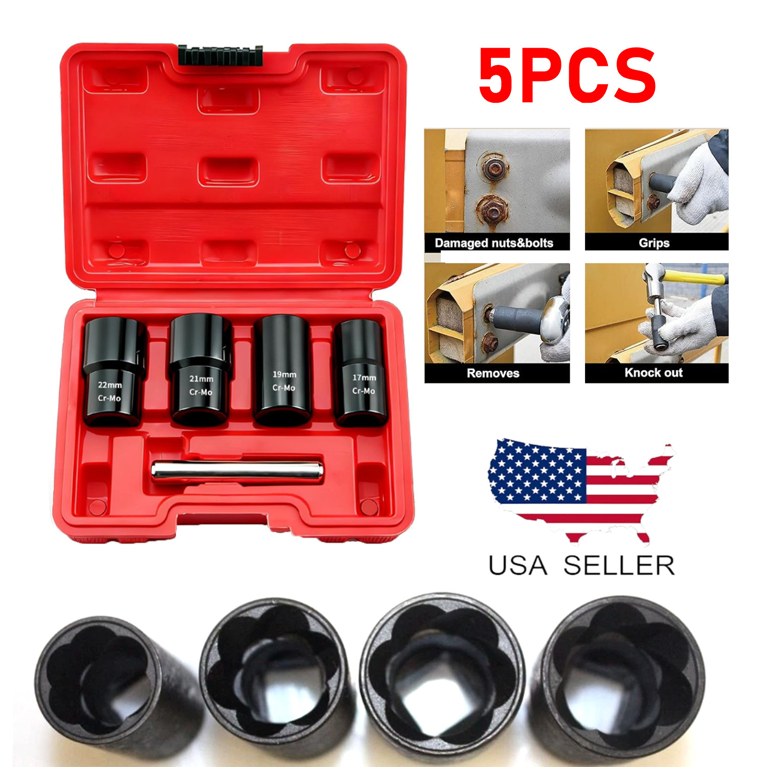 5pcs 1/2" Drive Twist Socket Set Damaged Worn Lug Nut & Lock Remover 17 - 22mm