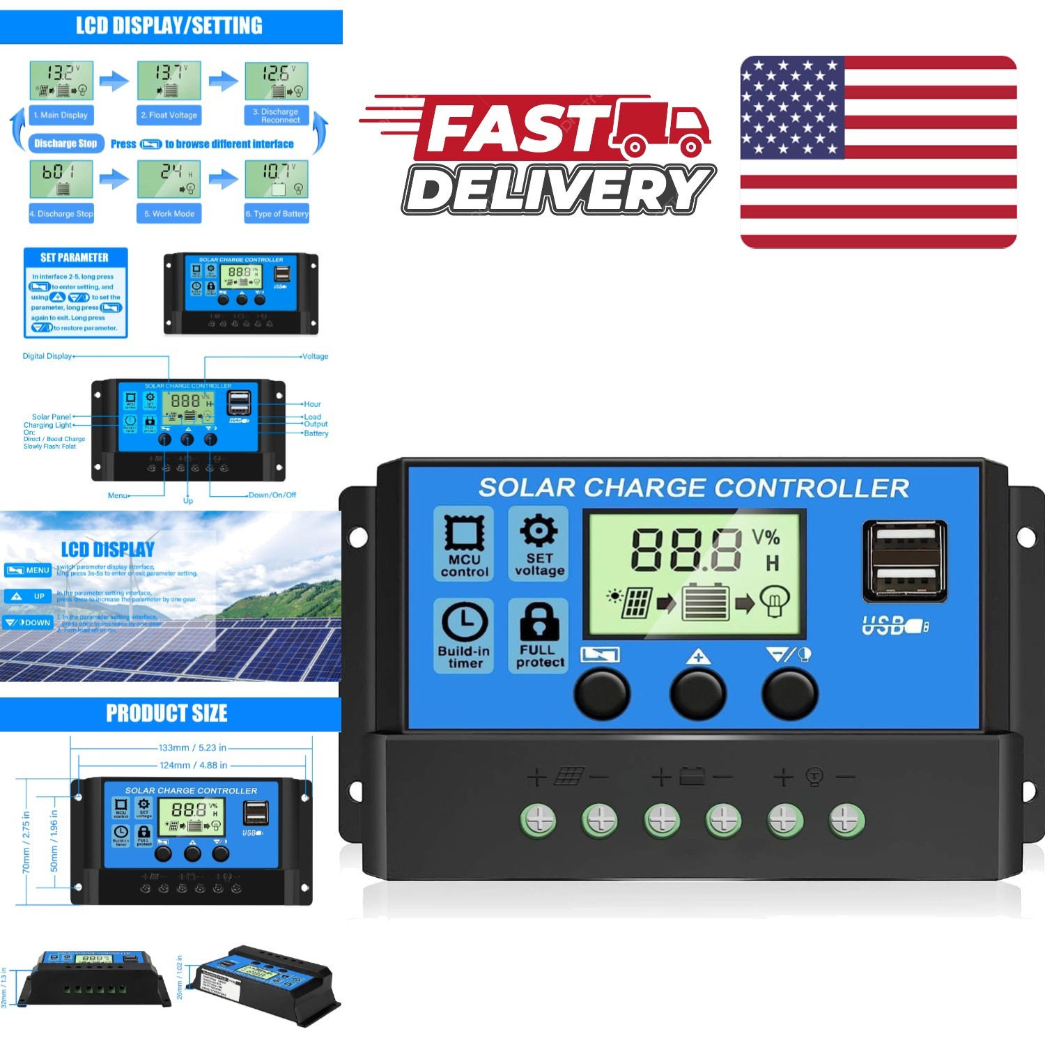 Compact 30A Solar Charge Controller with Adjustable Settings and Display