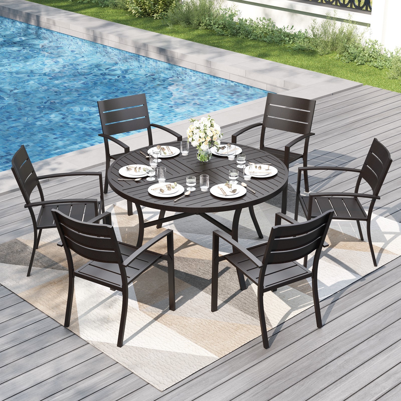 7 Piece Patio Dining Set Outdoor Metal Table Chair Furniture Set For Garden Yard