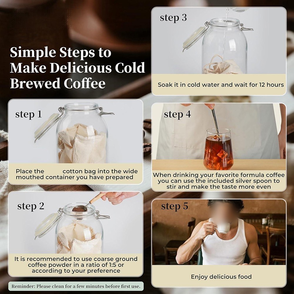 Organic Cotton Cold Brew Coffee Bags Set of 2 Reusable Filters for Brewing