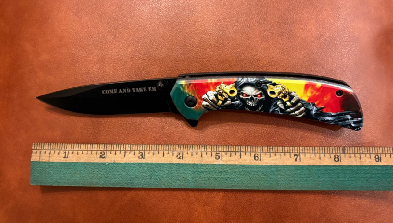 Spring-Assist Folding Knife COME AND TAKE EM Skull Reaper Black Blade Blue