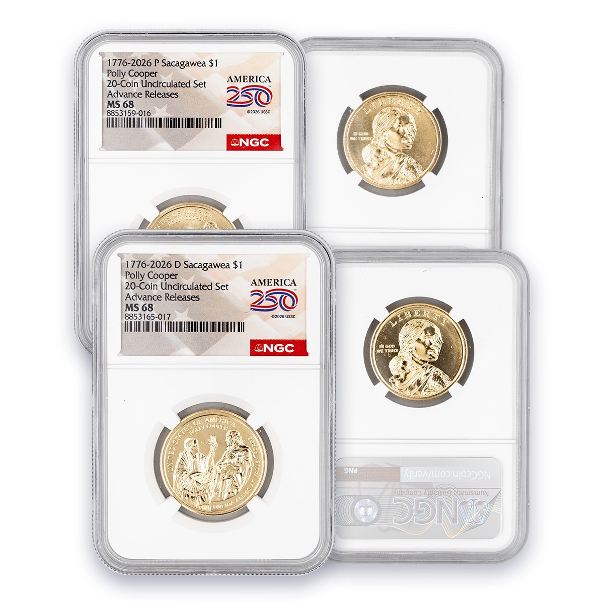 1776 - 2026 Sacagawea P & D  2 Coin Set - Polly  Cooper - NGC MS68 Advance