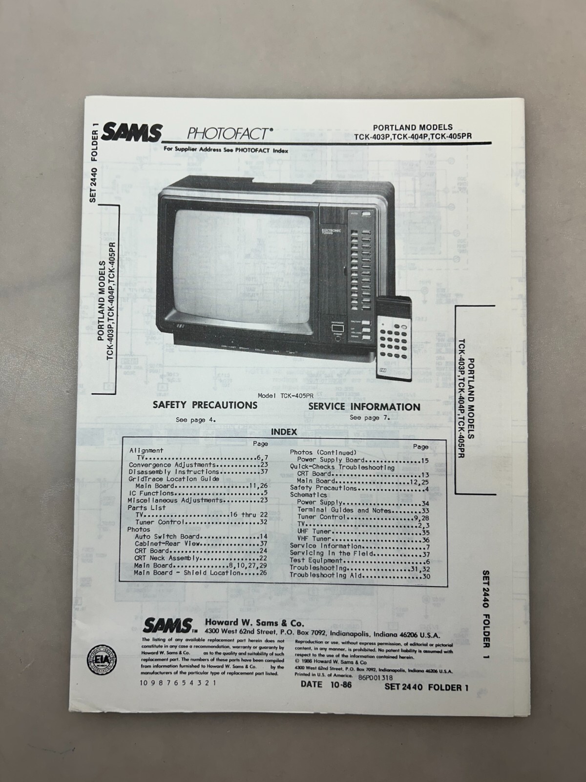 Portland TCK-403P 404P 405PR Service Manual Sams Photofact Free Shipping