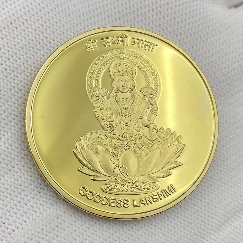 India Goddess Lakshmi Gold Coin Hindu Auspicious Goddess Lotus Buddha Medal