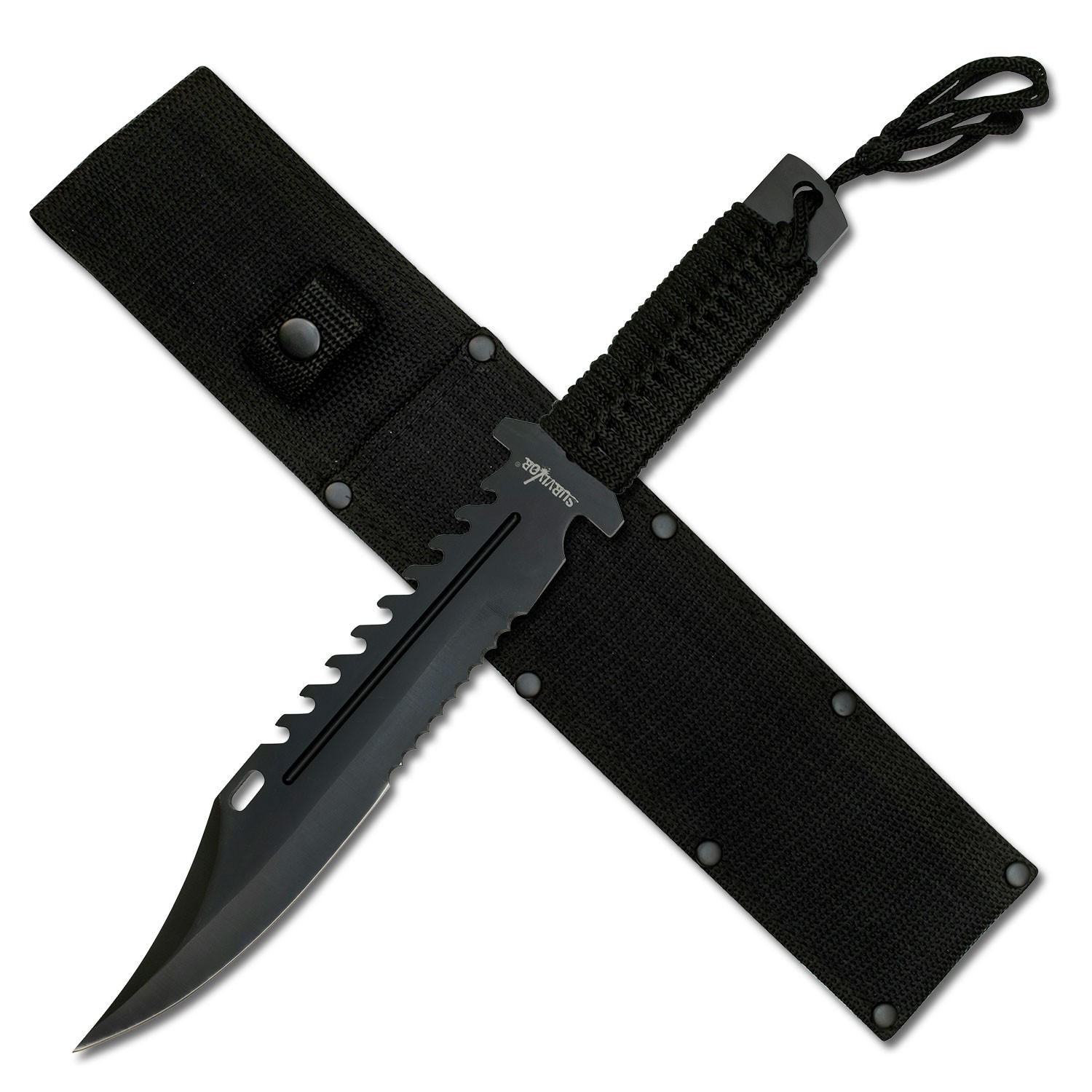 Survivor Fixed Blade Knife-Full Tang Cord Wrapped Handle w/Sheath & Lanyard
